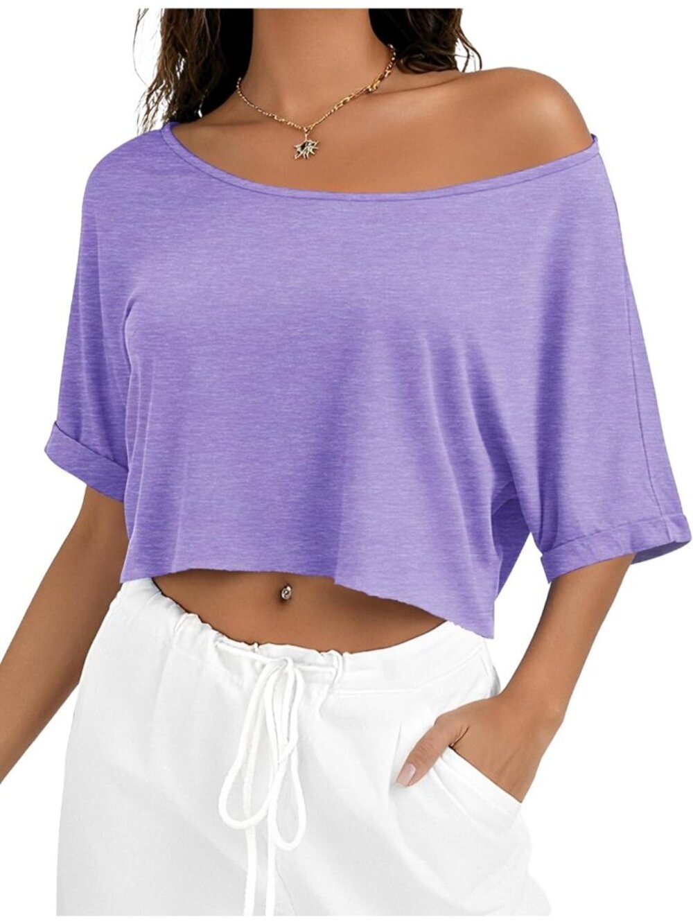 Women's Purple Short Sleeve Off The Shoulder Boat Neck Loose Crop Top